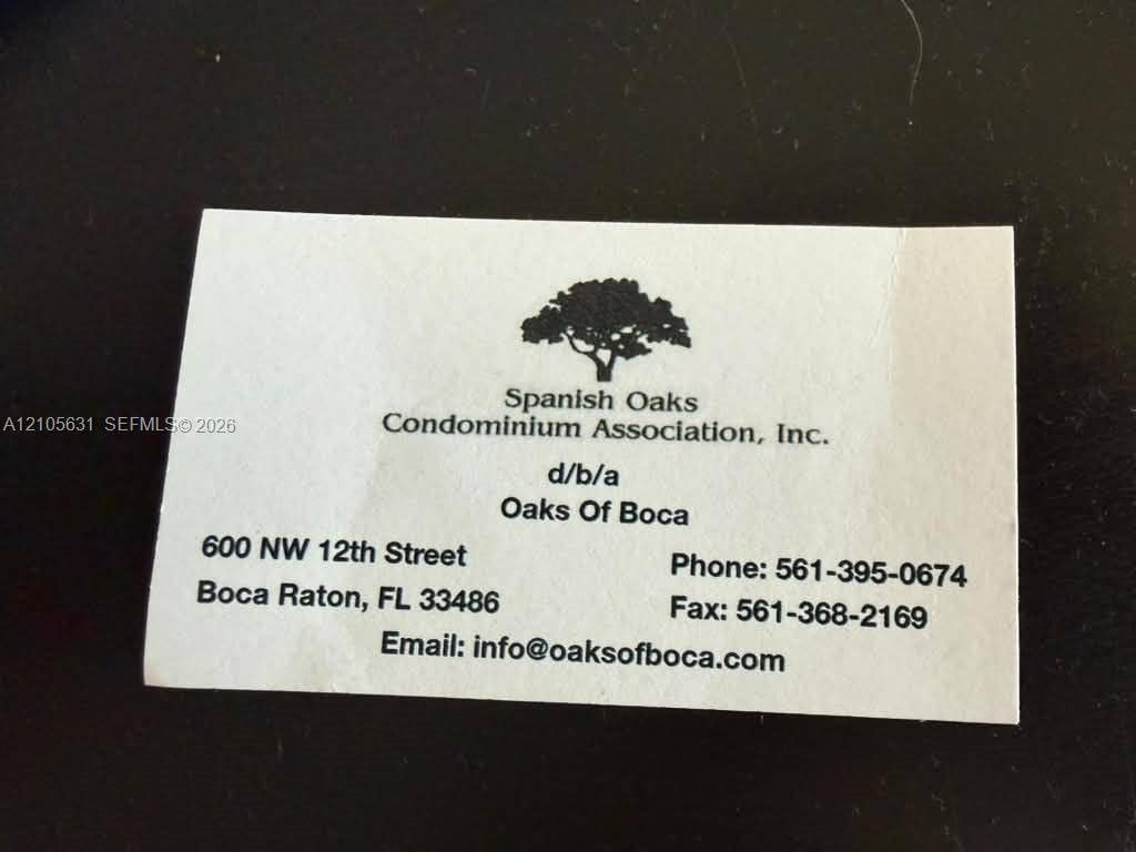 610 NW 13th Street, #0140, Boca Raton, FL 33486 Condominium Association Business Card. Providing official entity name and contact information for the property management office