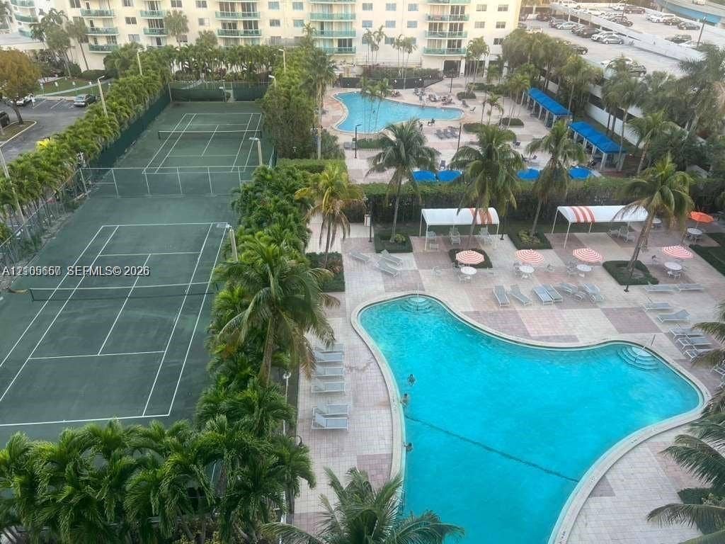 19380 Collins Avenue, #808, Sunny Isles Beach, FL 33160 Community amenities featuring two tennis courts, multiple swimming pools, and paved sun decks with mature palm trees