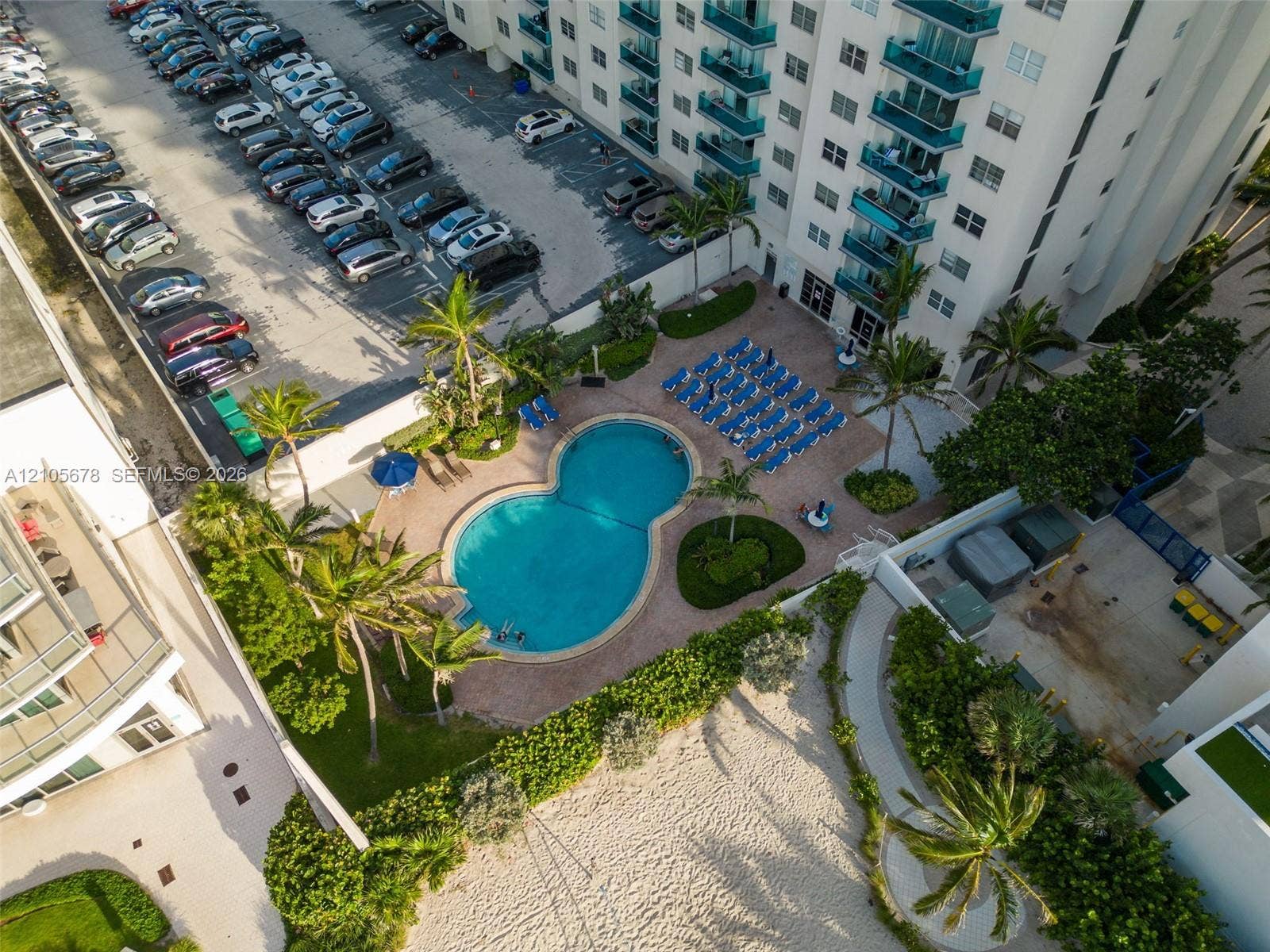 4001 S Ocean Drive, #14F, Hollywood, FL 33019 Ground-level pool with paver decking, lush tropical landscaping, and direct access to sandy beach areas