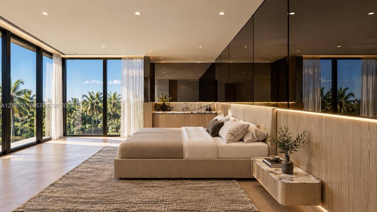 839 Orchid Drive, Boca Raton, FL 33432 Floor-to-ceiling glass walls, expansive wood-paneling, integrated recessed lighting, stone-top floating cabinetry, and full-wall reflective paneling