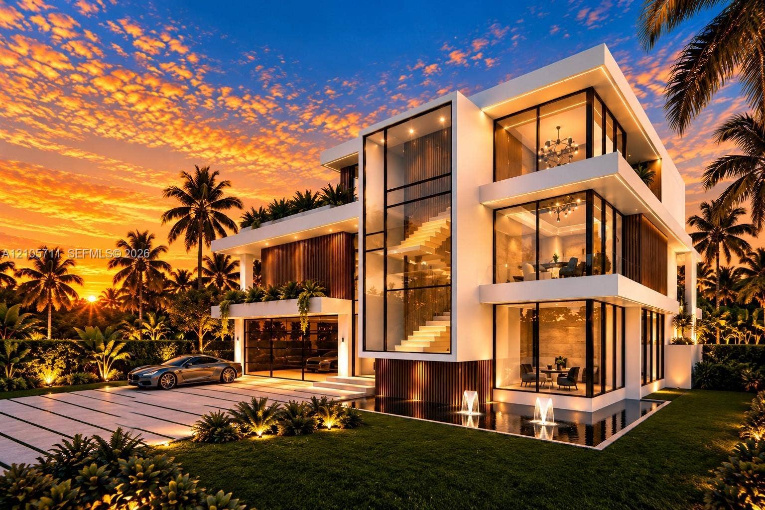 839 Orchid Drive, Boca Raton, FL 33432 Modern three-story architectural exterior featuring floor-to-ceiling glass paneling, vertical wood-finish accents, an integrated reflective pool, and a multi-level terraced structure