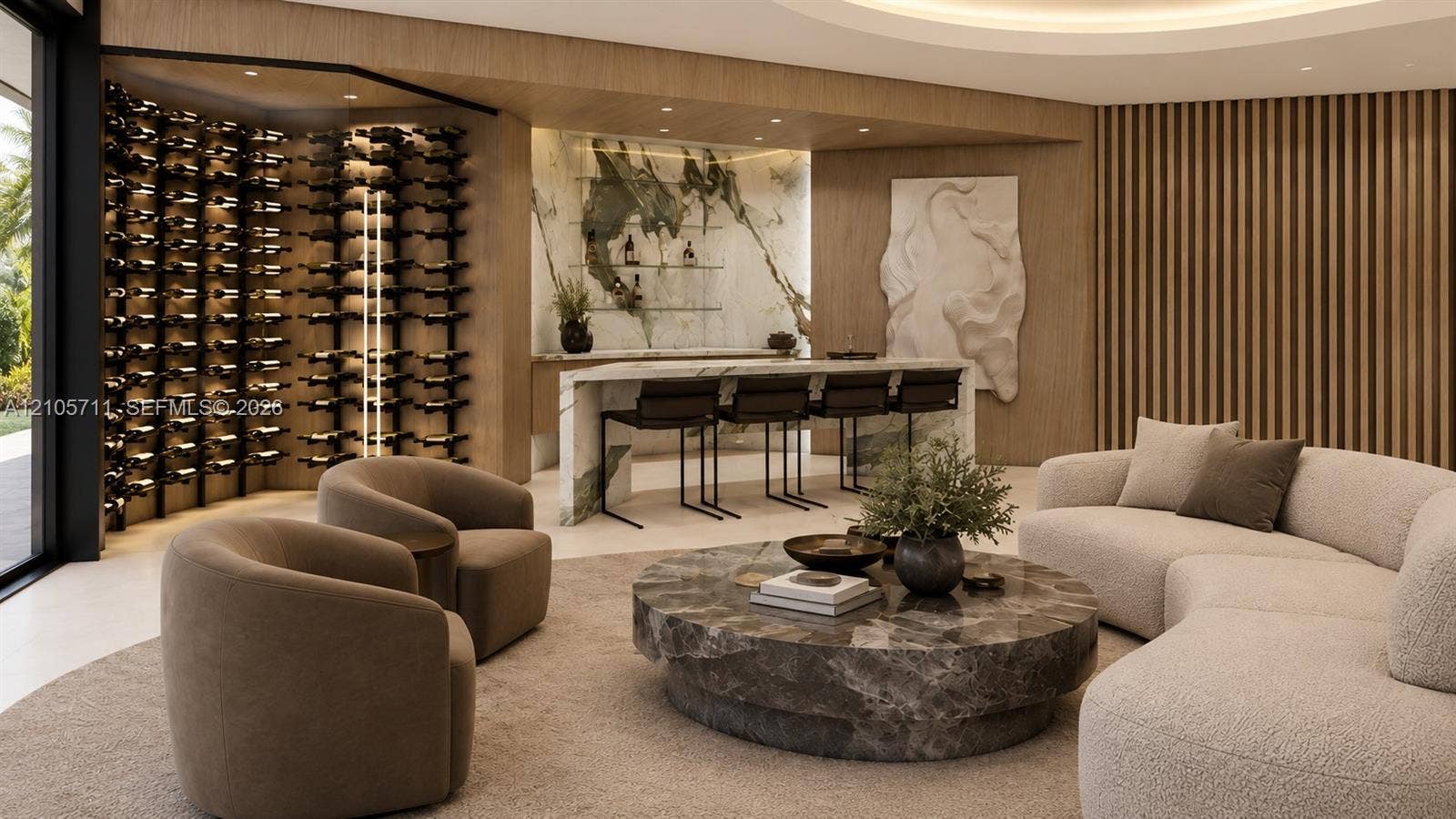 839 Orchid Drive, Boca Raton, FL 33432 Custom temperature-controlled wine storage wall, bar area with stone slab countertop, vertical wood-slat wall paneling, and wood-finish cabinetry