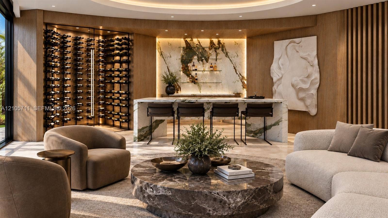 839 Orchid Drive, Boca Raton, FL 33432 Custom wet bar featuring a stone-topped island with waterfall edges, floor-to-ceiling glass-enclosed wine display, recessed cove lighting, and wood-paneled walls with vertical slat accents