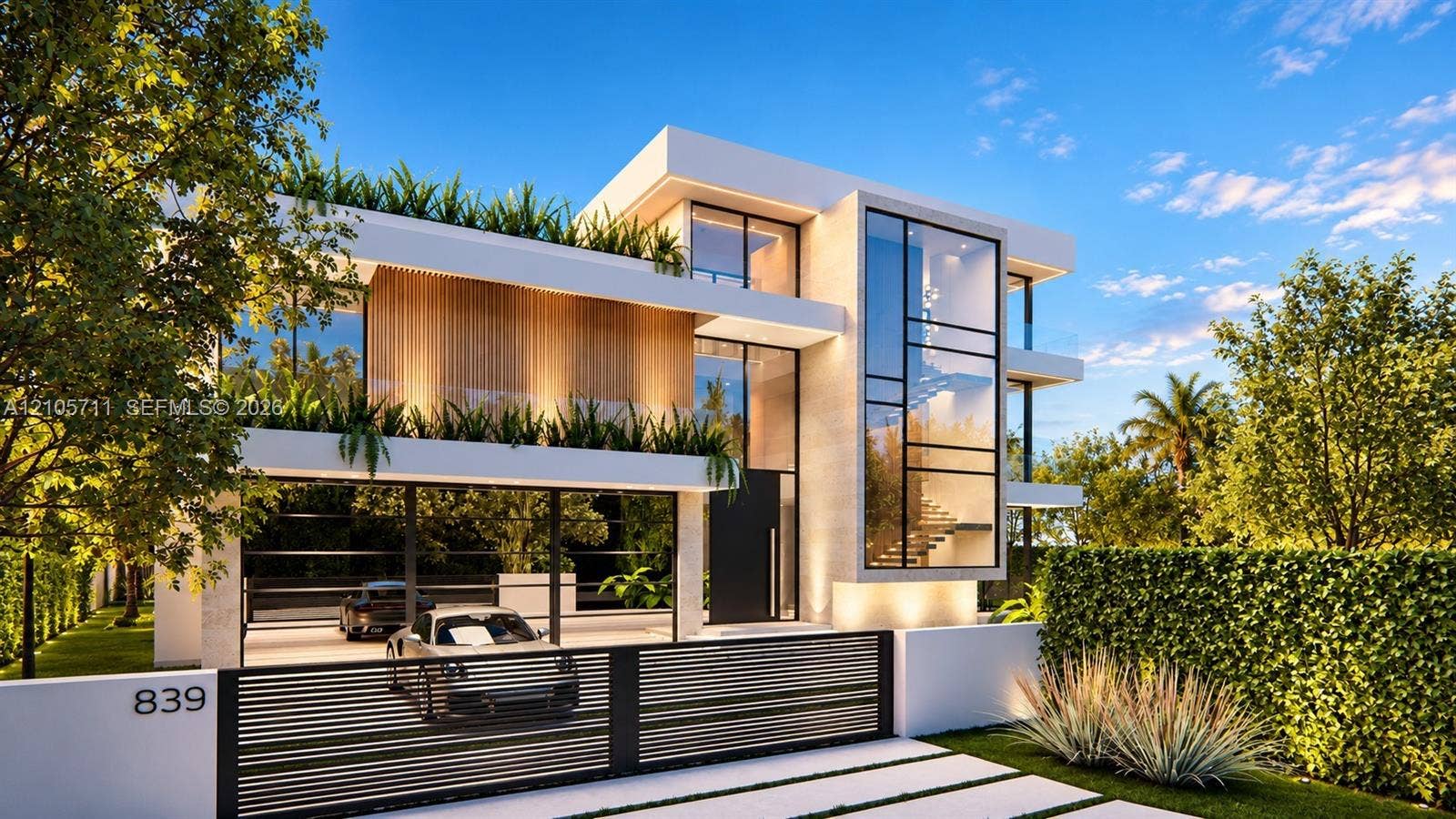 839 Orchid Drive, Boca Raton, FL 33432 Modern architectural exterior featuring clean white lines, vertical wood-finish accent paneling, floor-to-ceiling glass windows, integrated terrace planters, and a motorized horizontal slat driveway gate