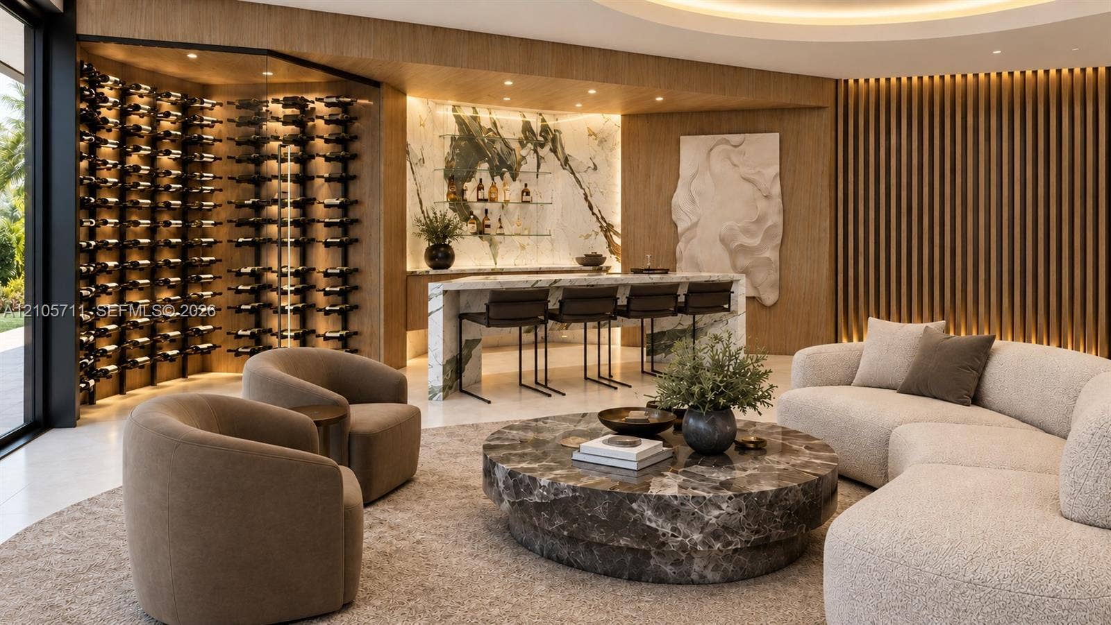 839 Orchid Drive, Boca Raton, FL 33432 Custom bar area featuring stone surfacing, integrated wood-panel accent walls, and a dedicated temperature-controlled floor-to-ceiling wine display