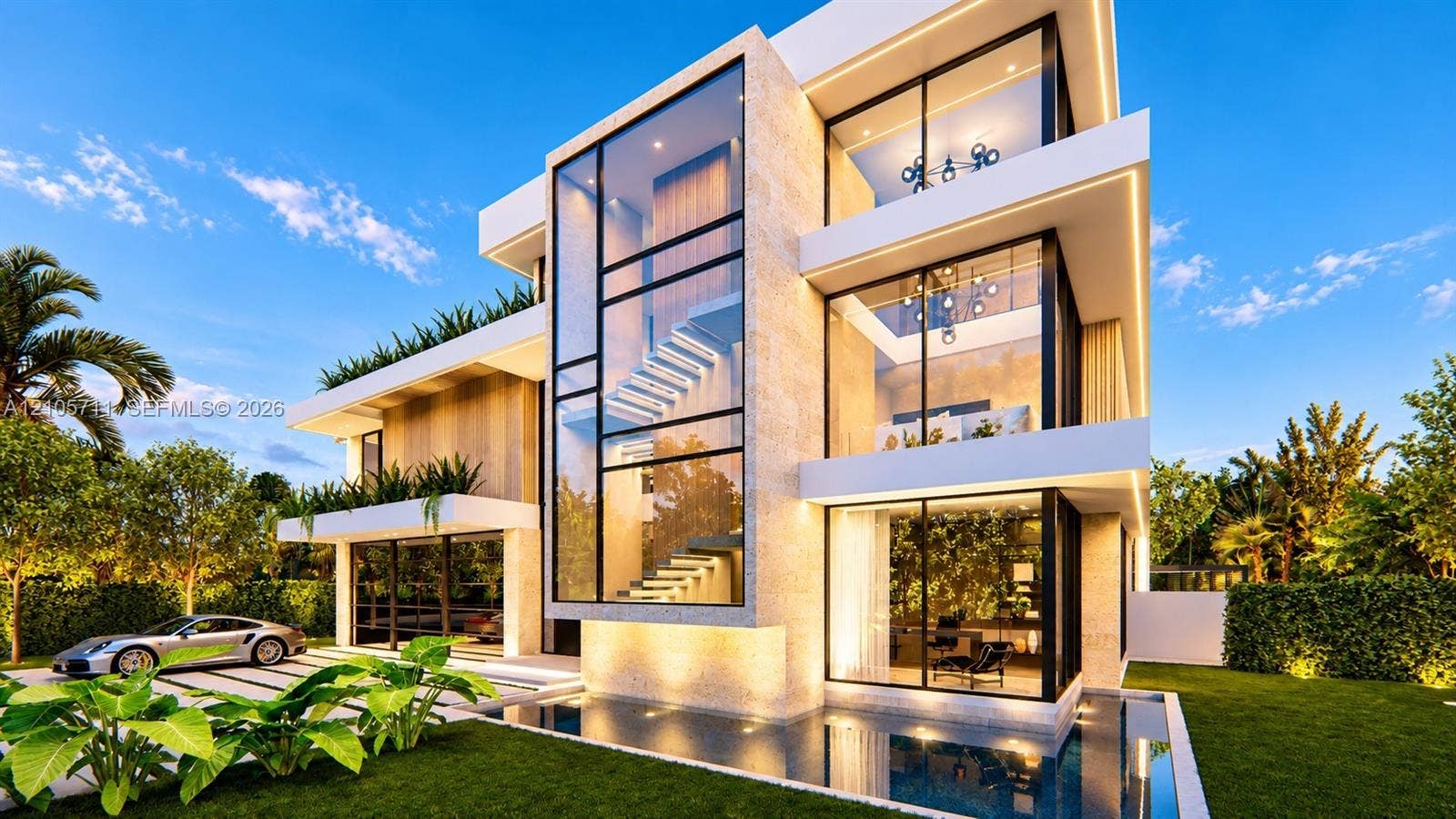 839 Orchid Drive, Boca Raton, FL 33432 Contemporary three-story residence featuring expansive floor-to-ceiling glass paneling, structured stone exterior facade, cantilevered architectural balconies, and integrated water feature