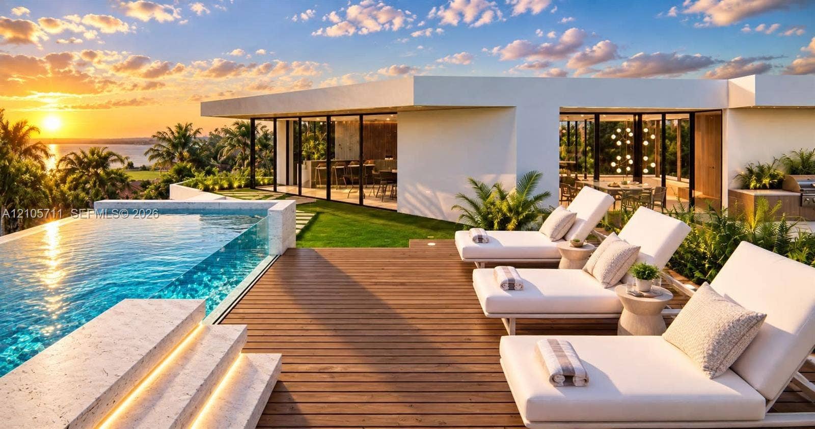 839 Orchid Drive, Boca Raton, FL 33432 Infinity-edge pool with stone surround, expansive wood-finish deck, floor-to-ceiling glass wall systems, and built-in outdoor kitchen, set against a waterfront sunset backdrop