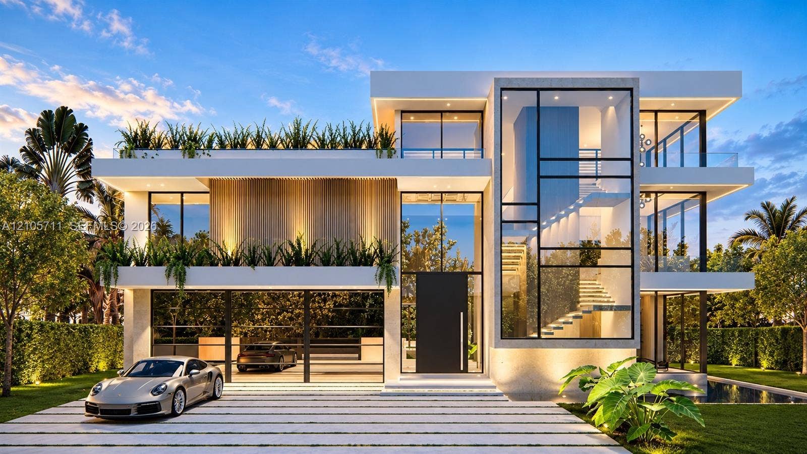 839 Orchid Drive, Boca Raton, FL 33432 Modern architectural exterior featuring a multi-level flat roof design, floor-to-ceiling glass paneling, integrated terrace planters, and stone-paver driveway