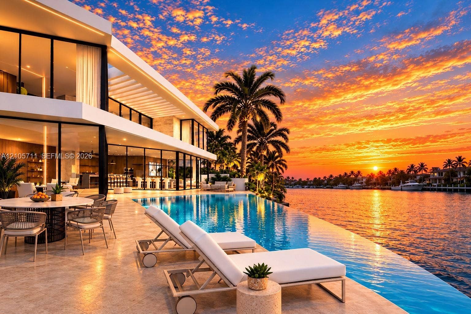 839 Orchid Drive, Boca Raton, FL 33432 Modern architectural residence featuring floor-to-ceiling glass wall systems, expansive stone-paved patio, and a waterfront infinity-edge pool