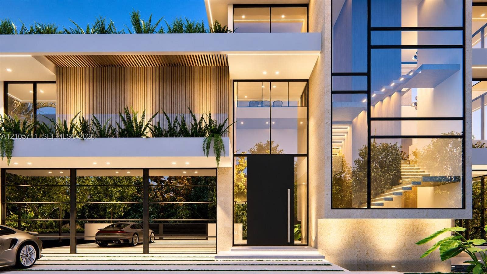 839 Orchid Drive, Boca Raton, FL 33432 Contemporary architectural exterior featuring floor-to-ceiling glass paneling, vertical wood slat siding, integrated tiered planters, and a recessed multi-car covered parking area