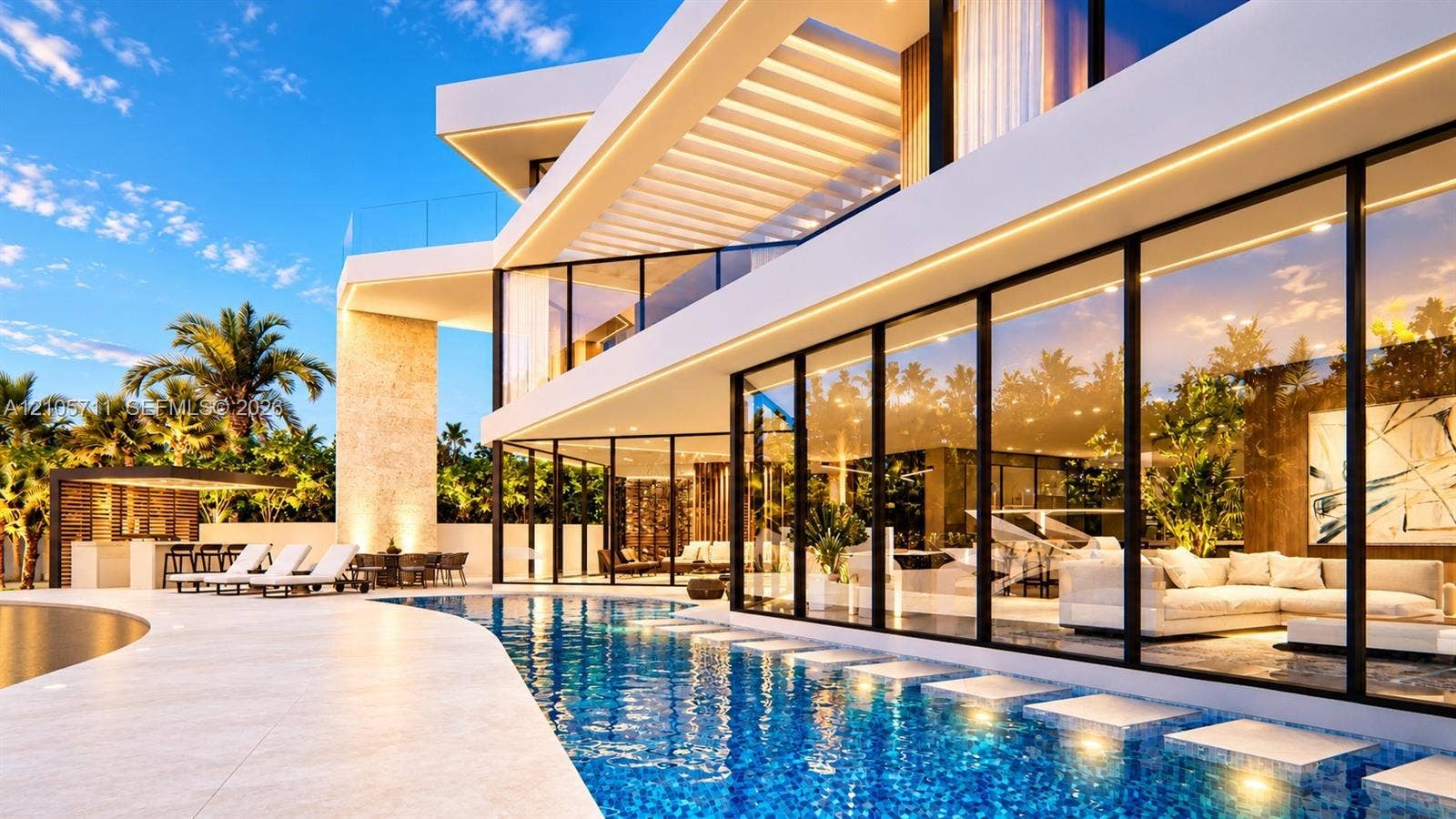 839 Orchid Drive, Boca Raton, FL 33432 Modern architectural exterior featuring floor-to-ceiling glass walls, a multi-level concrete structure, a custom swimming pool with built-in stepping stones, and a stone-clad outdoor kitchen