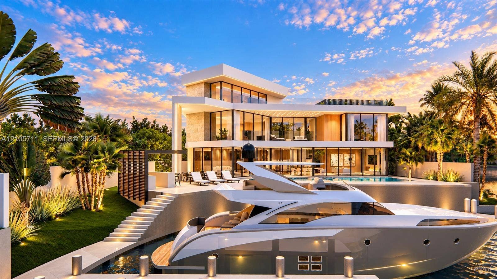 839 Orchid Drive, Boca Raton, FL 33432 Modern multi-level residence featuring expansive floor-to-ceiling glass walls, integrated private boat slip, rectangular swimming pool, and stone patio hardscaping