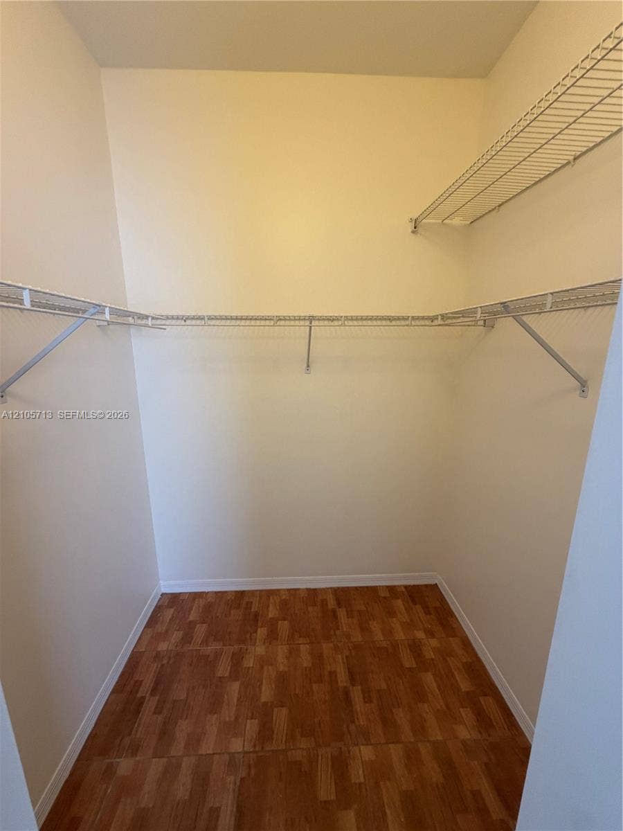Walk-in closet featuring wood-finish flooring and tiered wire shelving