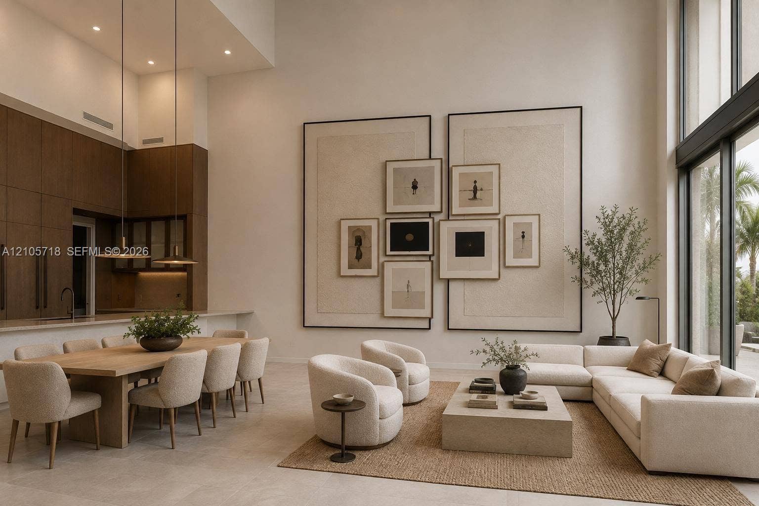 2200 Brickell Avenue, #GV16, Miami, FL 33129 Double-height ceilings, floor-to-ceiling windows, custom built-in wall paneling, full-height dark wood-finish cabinetry, and neutral stone-finish flooring