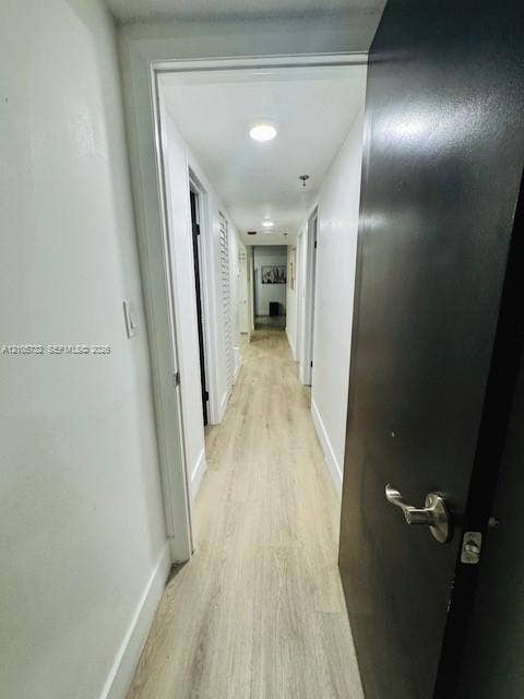 5249 NW 7th Street, #219, Miami, Miami, FL 33126 Hallway featuring wood-finish flooring, white door casings, integrated ceiling lighting, and a dark-toned interior door with a brushed metal lever handle