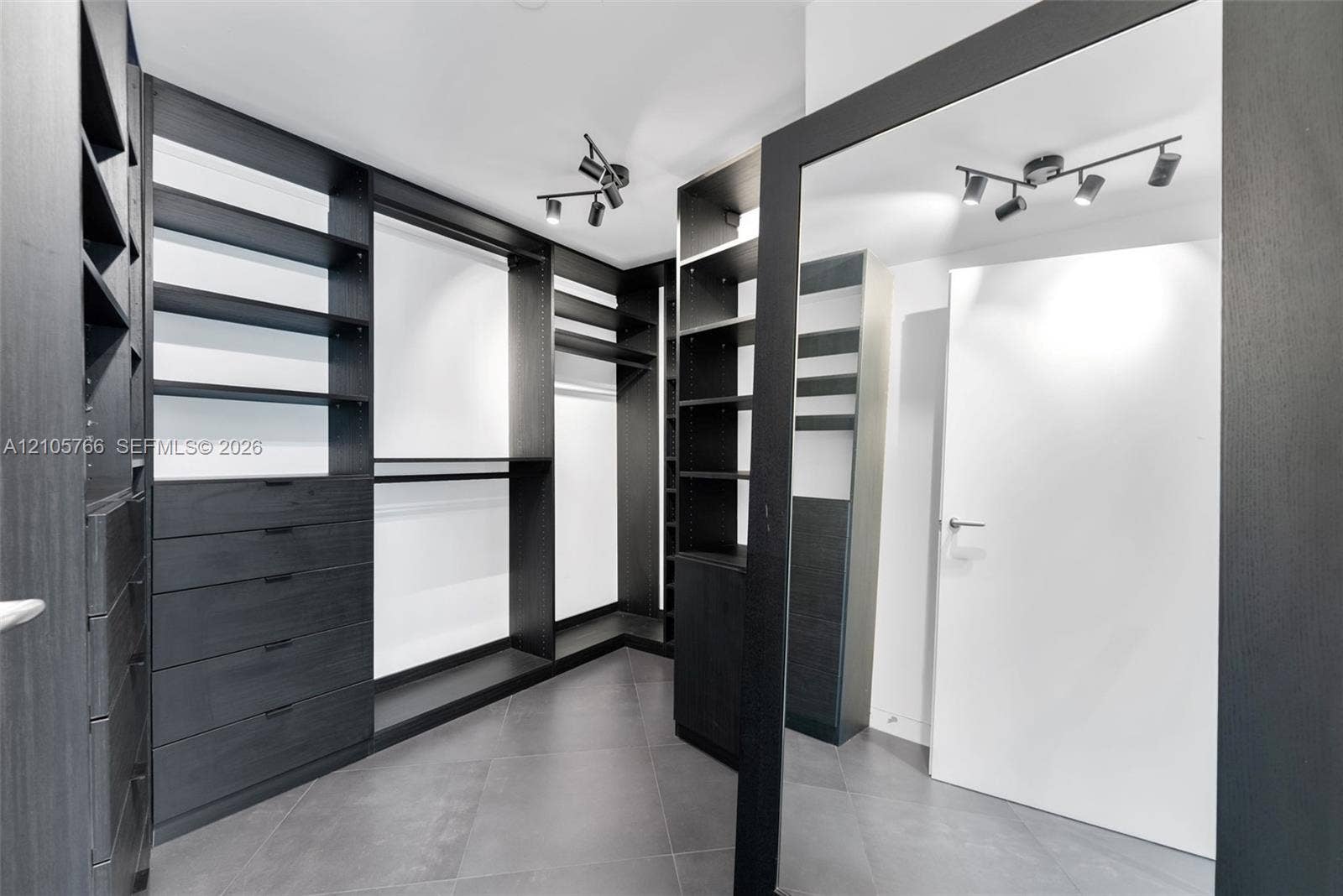 200 Biscayne Boulevard Way, #4408, Miami, FL 33131 Primary walk-in closet with built-in drawers, shelving, hanging space and a floor mirror.