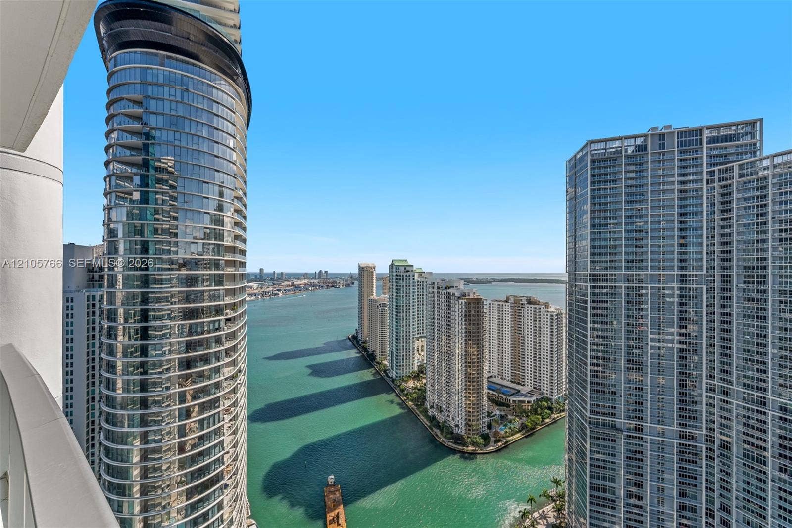 200 Biscayne Boulevard Way, #4408, Miami, FL 33131 Bay and Miami River view from the terrace, between the neighboring towers.