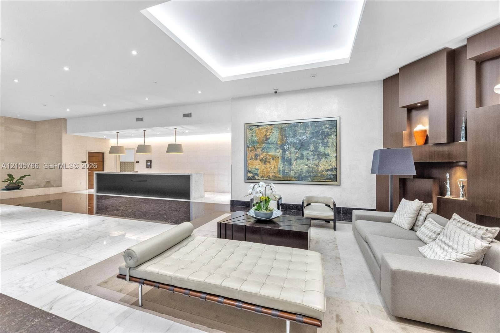 200 Biscayne Boulevard Way, #4408, Miami, FL 33131 Residents' lobby with the front desk and a seating area.