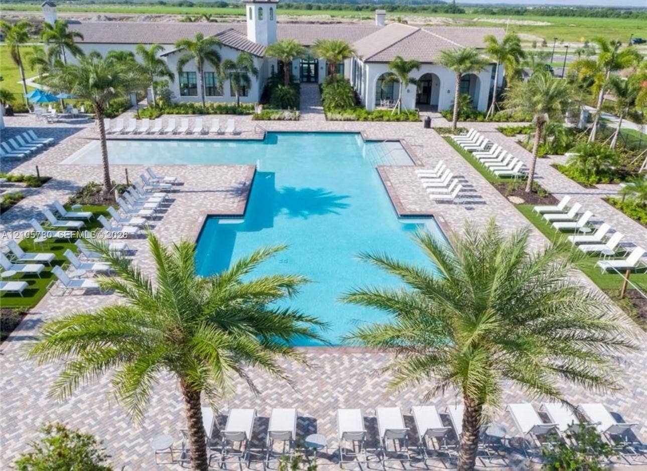 Swimming pool with integrated tanning ledge, paved pool deck, and perimeter palm tree landscaping