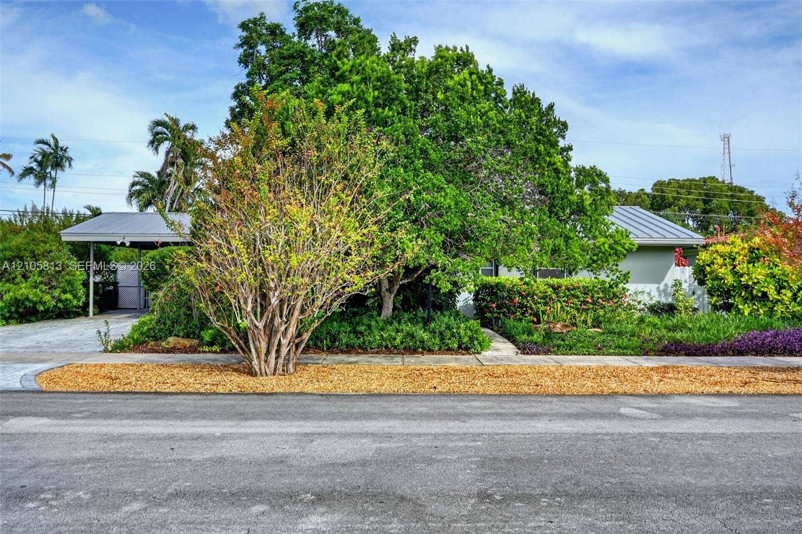 Exterior featuring a metal roof, attached carport, and extensive mature landscaping