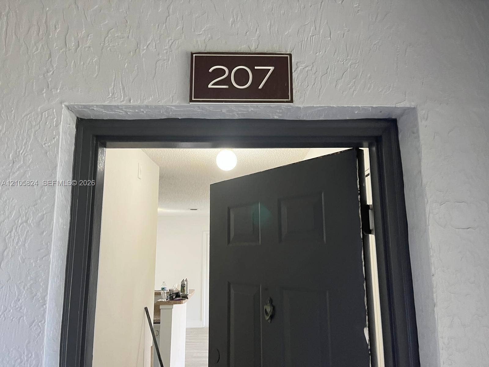 11233 W Atlantic Boulevard, #207, Coral Springs, Coral Springs, FL 33071 Entryway featuring a dark-toned multi-panel door with a mounted door knocker, framed by high-contrast trim against a textured stucco wall