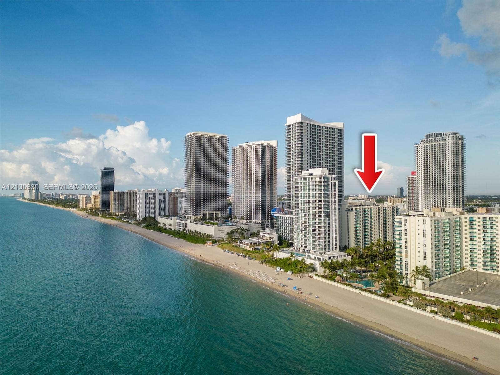 4001 S Ocean Drive, #14F, Hollywood, Hollywood, FL 33019 High-rise residential building situated along the coastal shoreline featuring direct proximity to the ocean and sandy beach