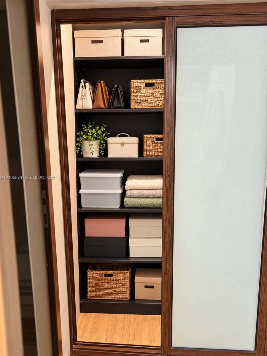 Built-in storage closet featuring dark finish shelving and a sliding door with a frosted glass panel