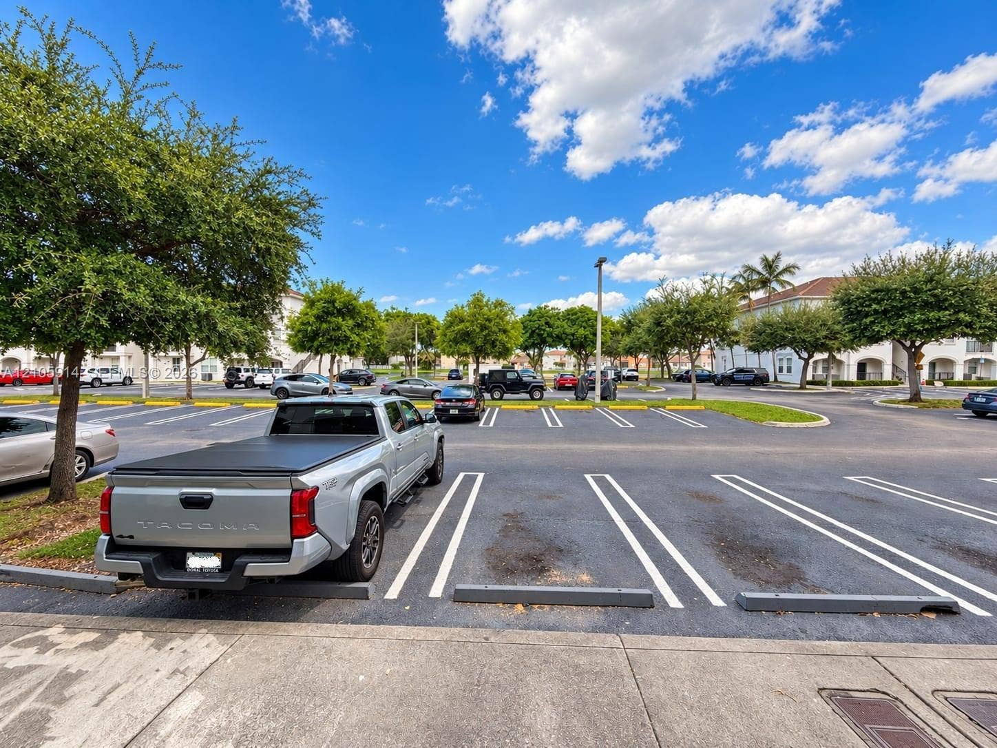 11102 NW 83rd Street, #216, Doral, FL 33178 Paved surface parking lot featuring designated stall markings, concrete wheel stops, and mature landscaping