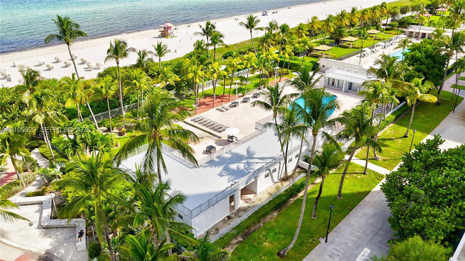 2655 Collins Avenue, #2301, Miami Beach, FL 33140 Oceanfront grounds featuring a swimming pool, paved sundeck, expansive lawn, mature palm trees, and direct beach access
