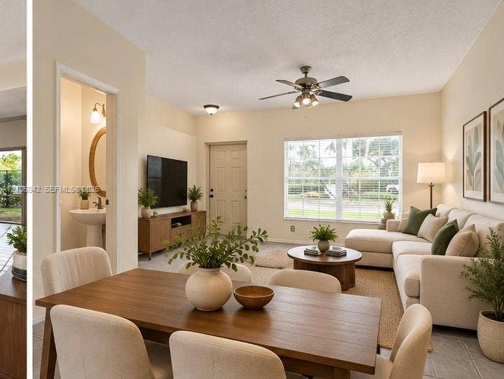 271 Duval Court, Weston, Weston, FL 33326 Staged-Dining-living ceramic floor tile, vaulted ceilings, a ceiling fan with integrated lighting