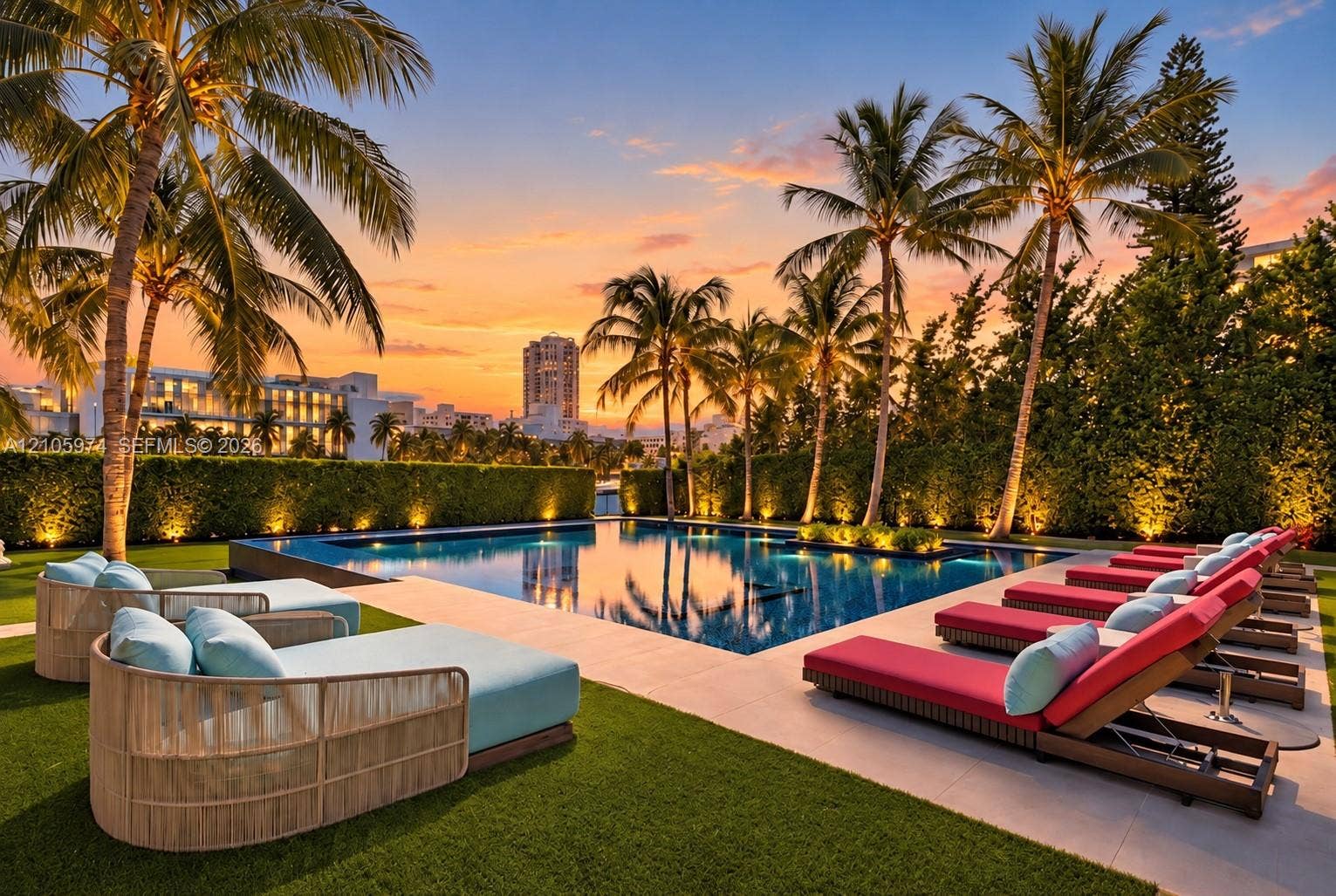 4395 Pine Tree Drive, Miami Beach, FL 33140 Swimming pool with stone-surround decking, manicured lawn, and mature palm trees