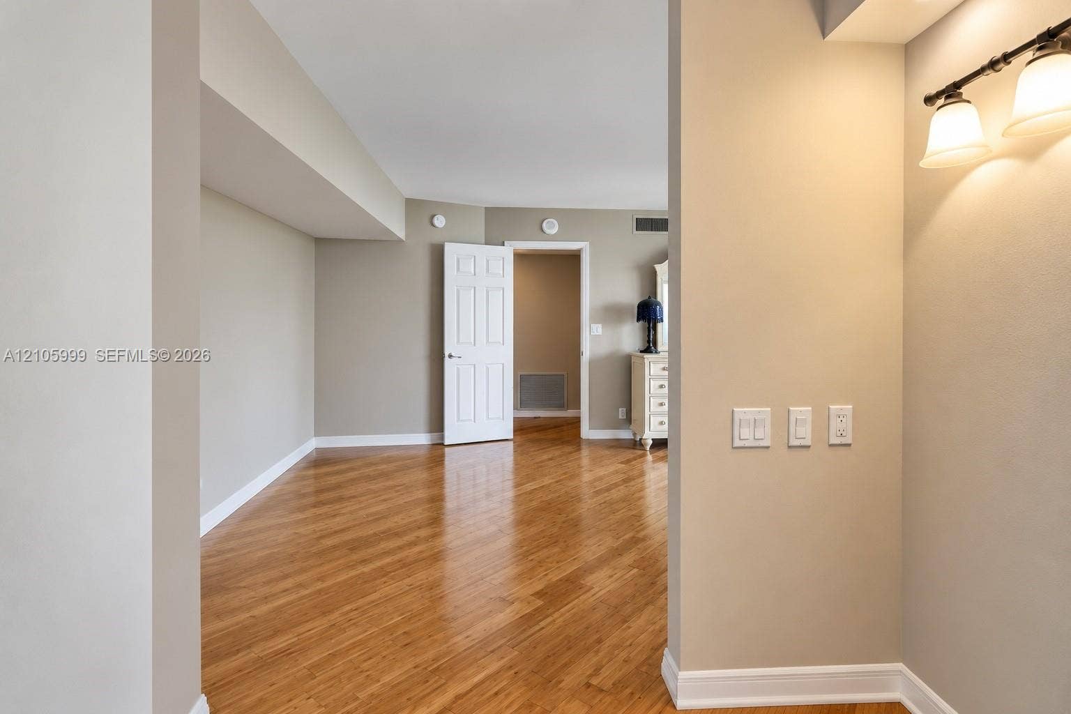 Neutral-toned interior space featuring wood-finish flooring, a multi-bulb vanity light fixture, and a solid-core six-panel door