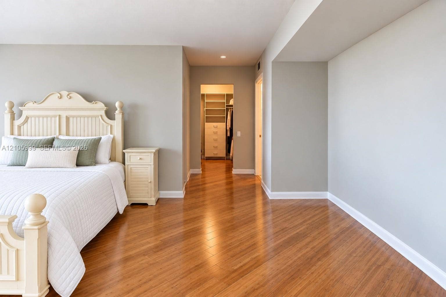 Spacious room featuring wood-finish flooring, recessed lighting, and a walk-in closet with built-in shelving and drawers