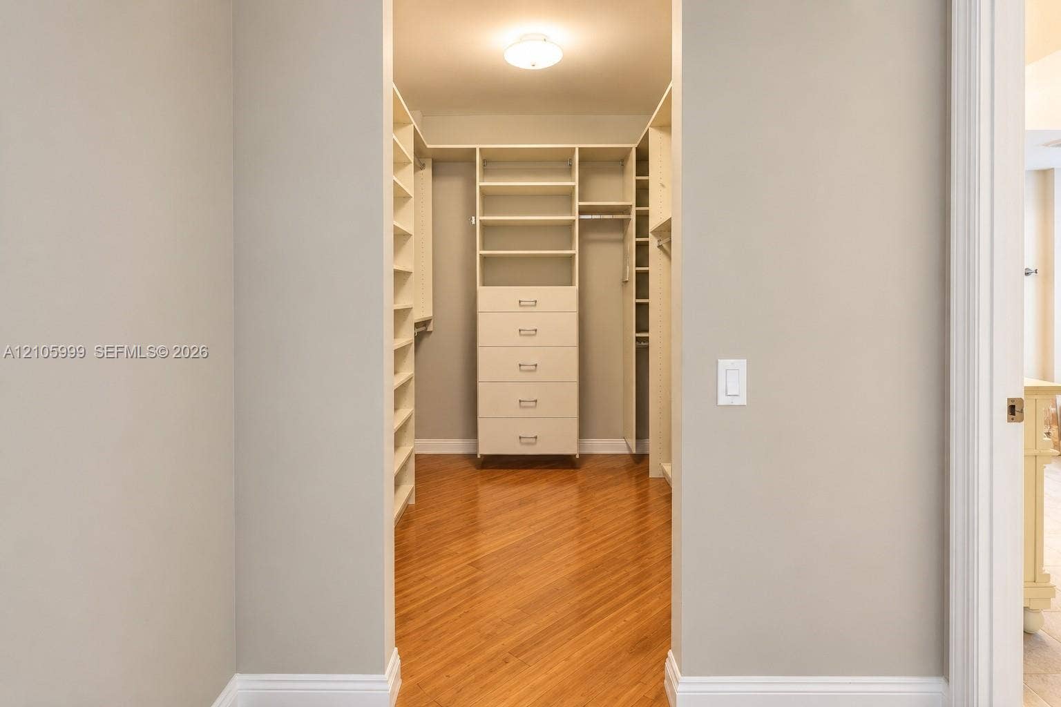 Walk-in closet featuring custom built-in cabinetry, five-drawer dresser unit, integrated shelving, and wood-finish flooring