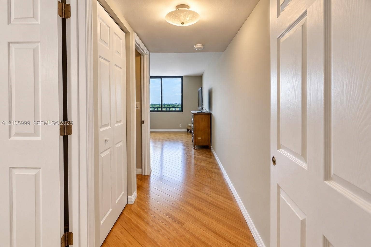 Interior hallway featuring wood-finish flooring, white six-panel doors, and a ceiling-mounted light fixture