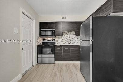 1471 NW 22nd Court, #2, Fort Lauderdale, Fort Lauderdale, FL 33311 Kitchen featuring dark wood-finish cabinetry, stainless steel appliances, multi-toned mosaic tile backsplash, and light wood-finish flooring