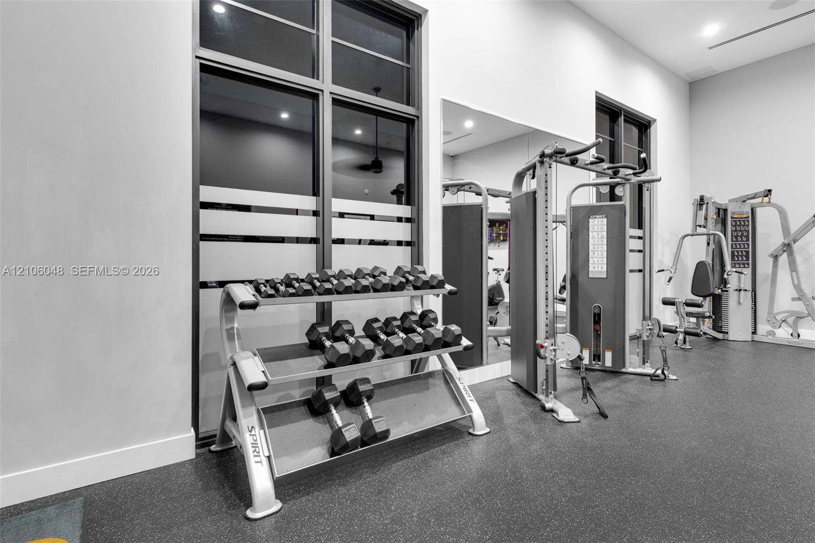 25134 SW 108th Court, Homestead, FL 33032 Fitness area featuring floor-to-ceiling mirror panels, high-contrast mullioned windows with frosted glass accents, recessed ceiling lighting, and durable rubberized flooring