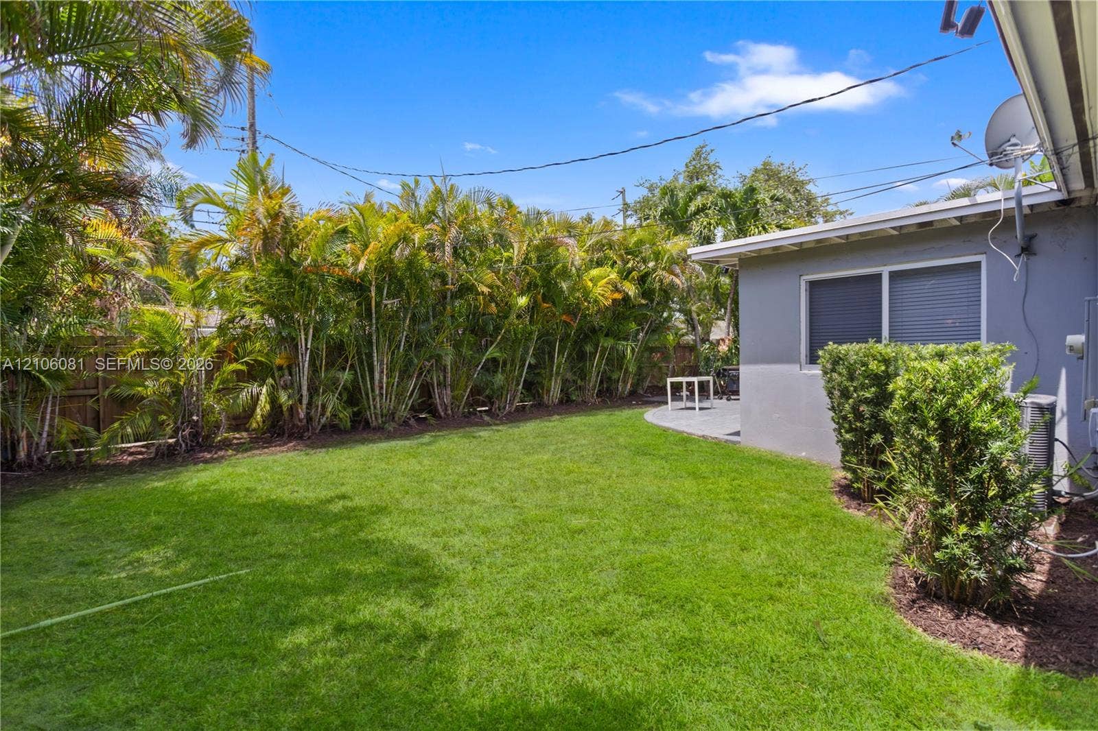 Backyard featuring a manicured lawn, concrete patio, perimeter wood fencing, and mature tropical greenery