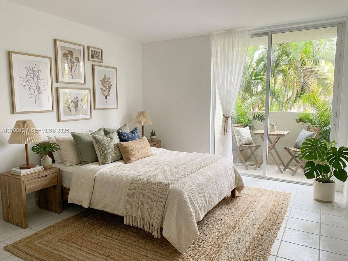 Room featuring neutral-toned tile flooring and expansive sliding glass doors opening to a private balcony