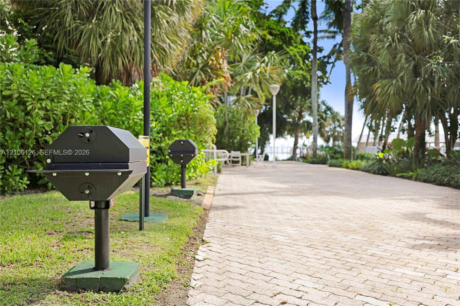 Outdoor recreation area featuring pedestal-mounted charcoal grills, paved walkway, manicured lawn, and mature palm trees