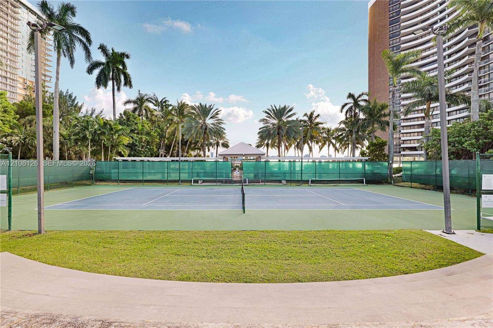 Tennis court featuring a multi-color hard surface, chain-link fencing with privacy screening, overhead lighting, and surrounding palm trees