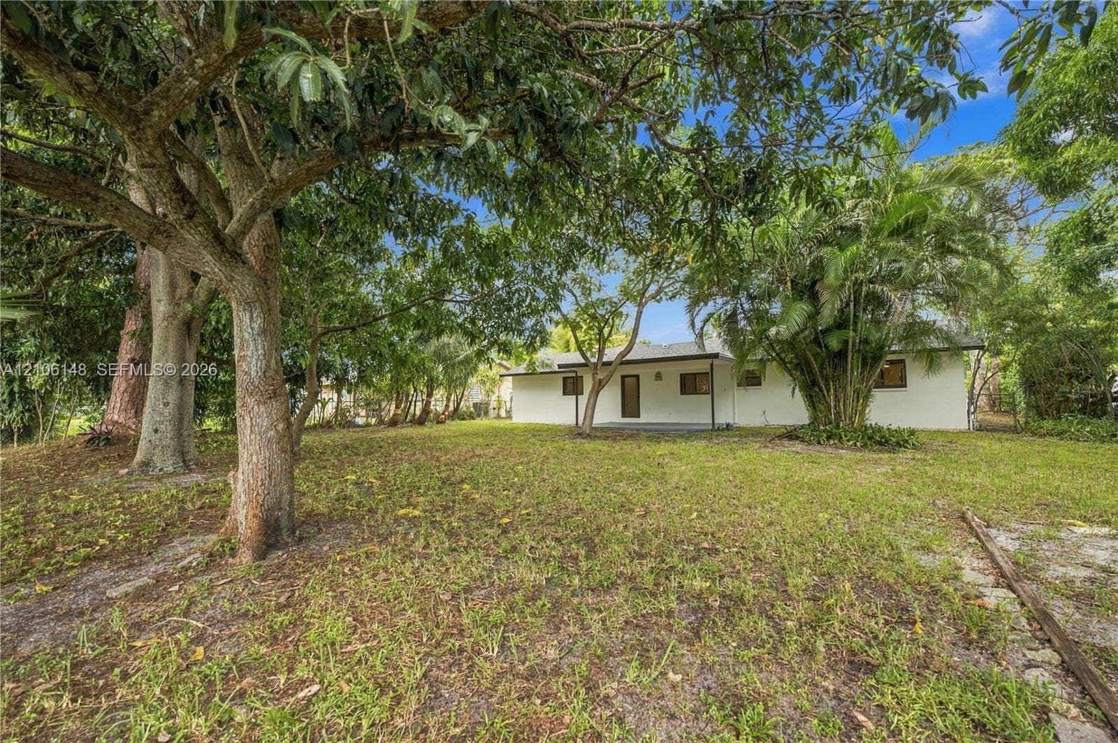2920 Dorson Way, Delray Beach, FL 33445 Expansive rear yard featuring mature shade trees, established palm landscaping, and a white exterior home facade