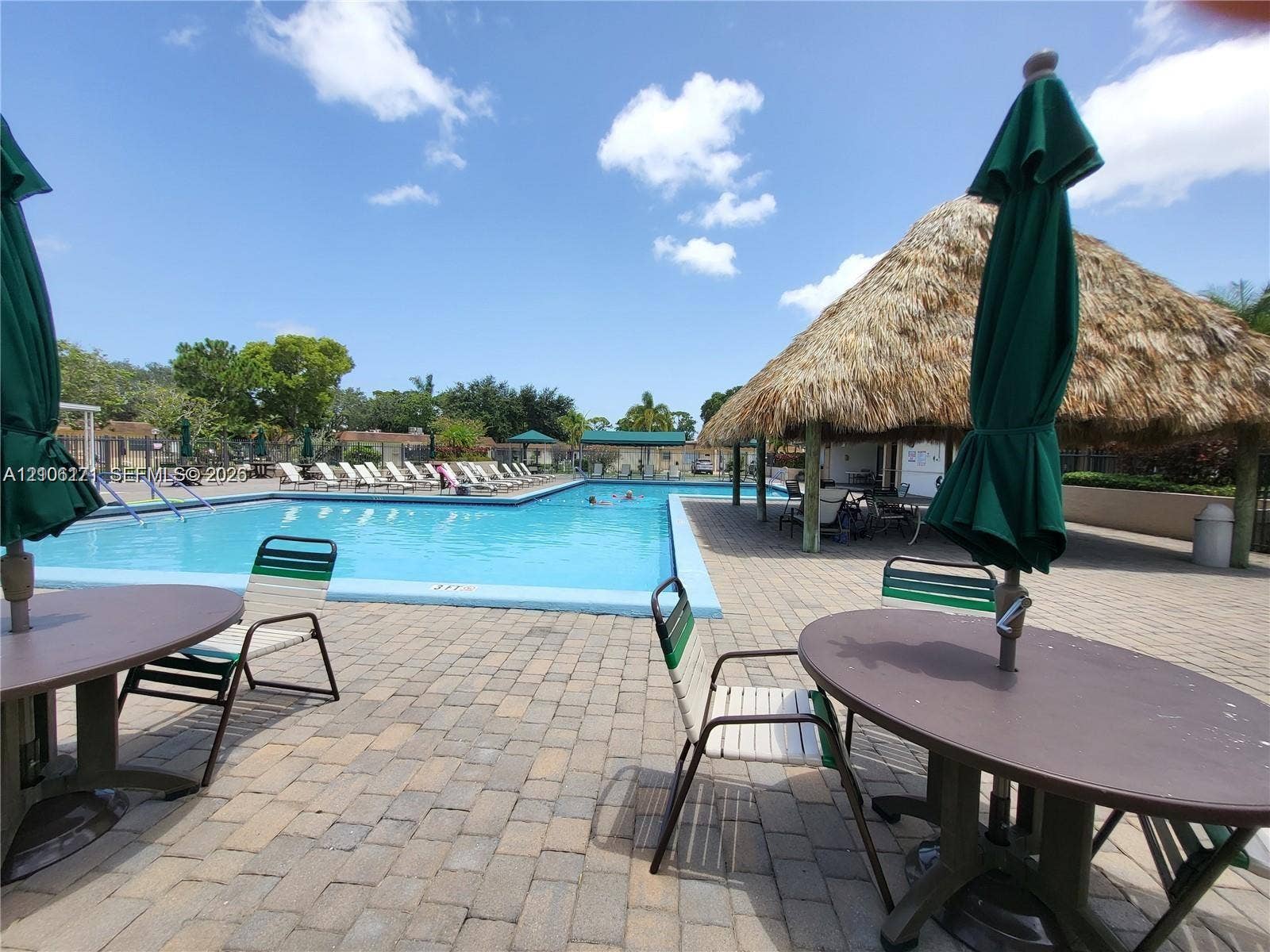 Outdoor swimming pool featuring paver decking and a thatched-roof cabana