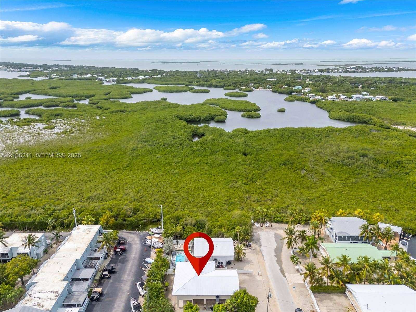 Aerial perspective of a coastal property featuring a metal roof, an in-ground swimming pool, and proximity to open water and mangrove preserves
