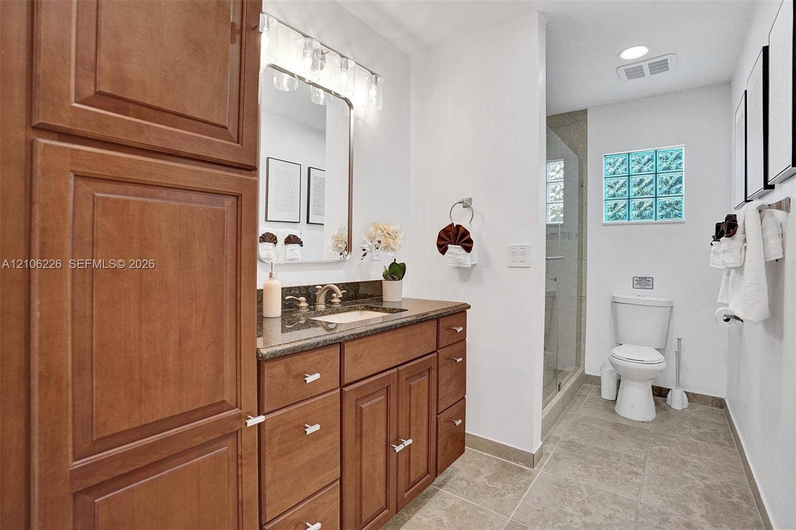 11155 SW 40th Street, Davie, FL 33328 Bathroom featuring a wood-finish vanity with stone countertop, drop-in sink, glass block window, and a walk-in shower with glass enclosure