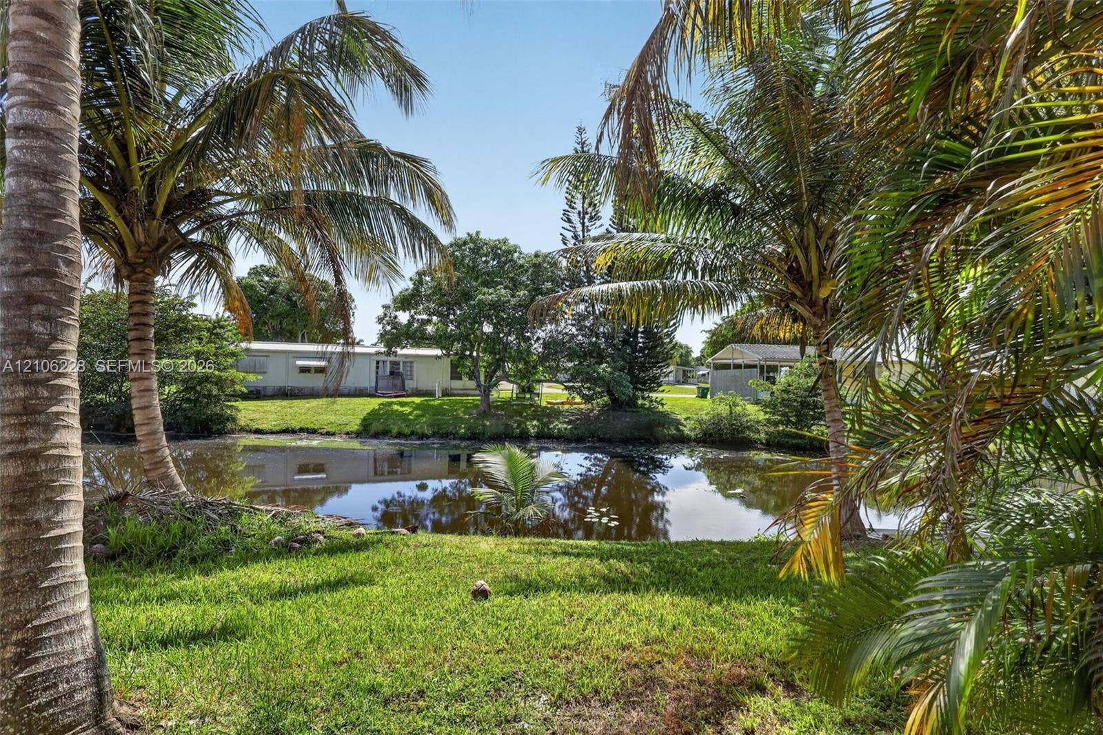 10760 SW 11th Drive, Davie, FL 33324 Waterfront exterior grounds featuring a grass lawn and mature palm trees