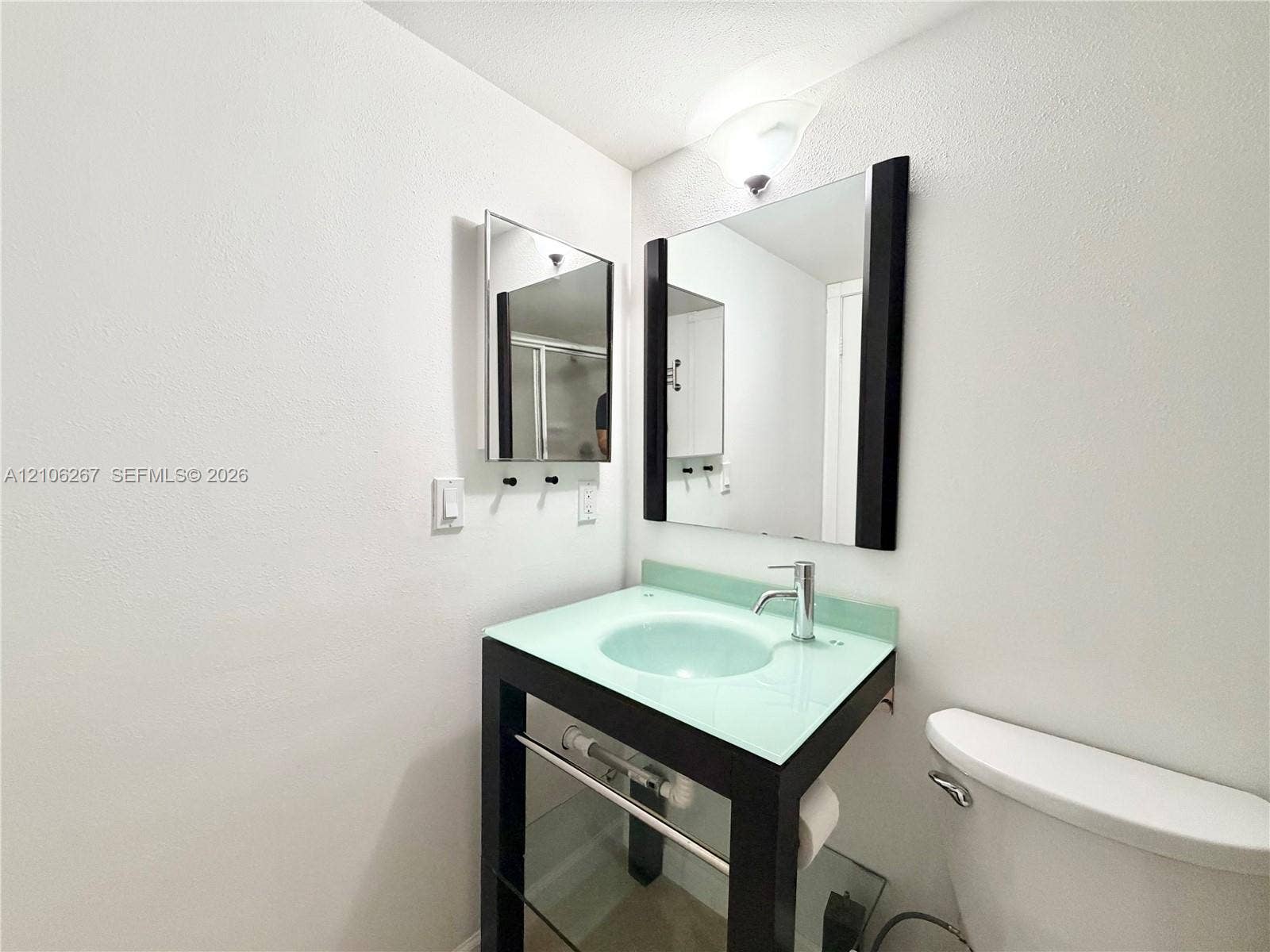 Open-frame vanity featuring a frosted glass countertop with an integrated circular sink, metal hardware, a glass shelf, and a framed mirror