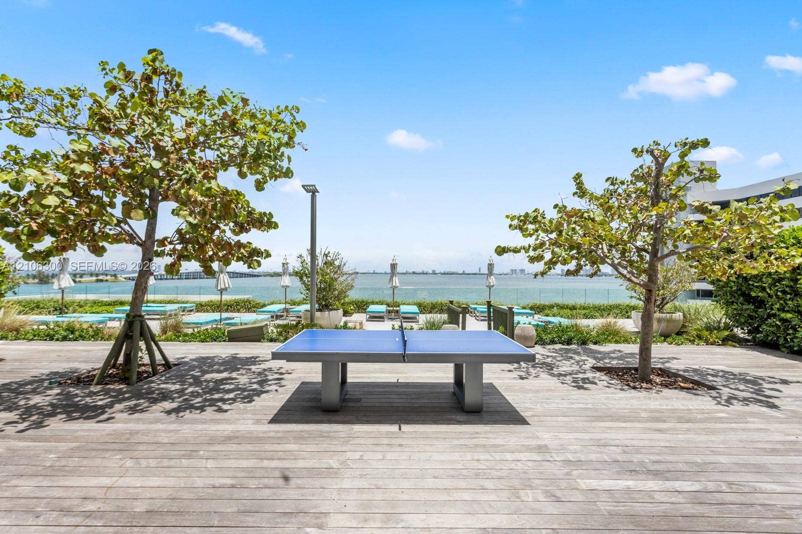 480 NE 31st Street, #1005, Miami, Miami, FL 33137 Outdoor deck featuring wood-finish decking, mature trees, and a glass perimeter railing