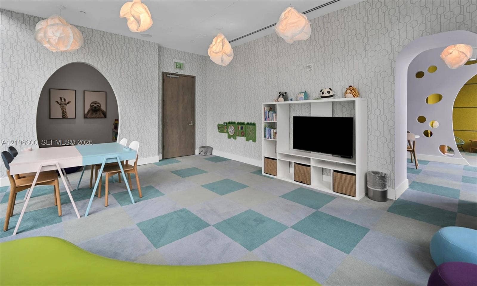 480 NE 31st Street, #1005, Miami, Miami, FL 33137 Geometric wallpaper, checkerboard pattern flooring, integrated white shelving unit, and custom arched entryways