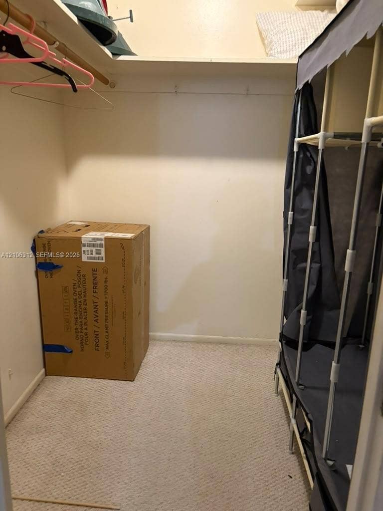 800 NE 195th Street, #311, Miami, Miami, FL 33179 Storage space featuring a walk-in configuration, wall-to-wall carpeting, and upper shelving with an integrated clothes rod